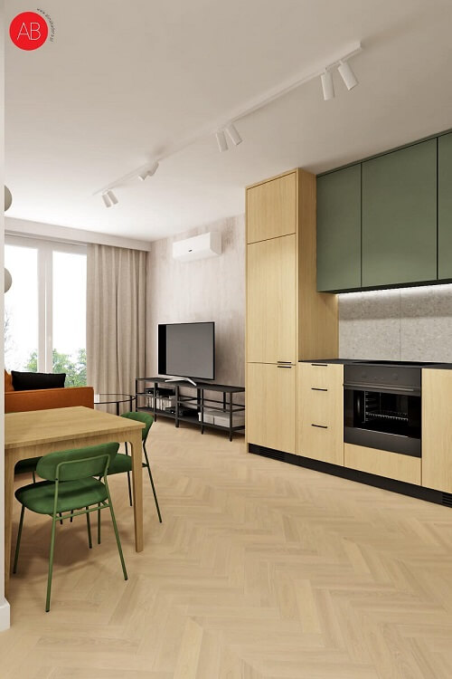 Funkcjonalna kuchnia i strefa jadalniana w mieszkaniu na wynajem - projekt wnętrza Alina Badora